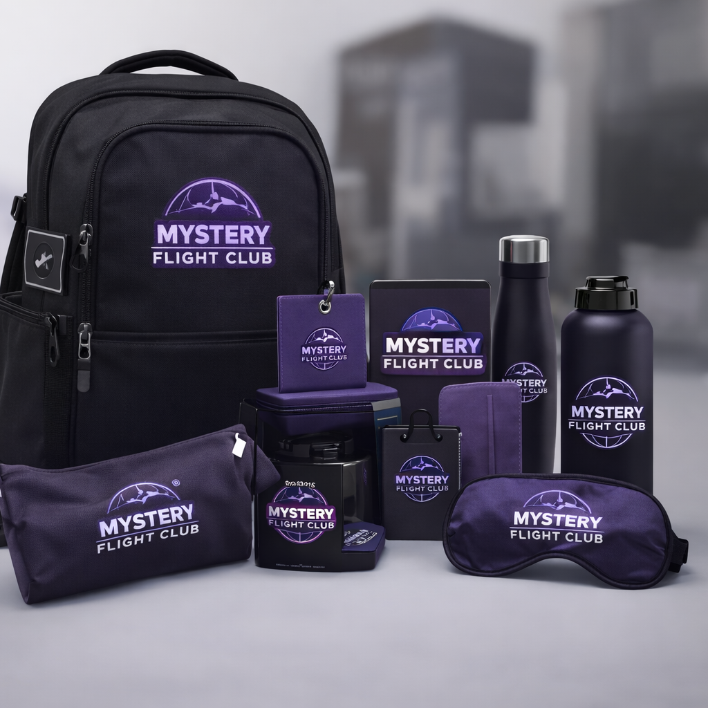 Collection of 'Mystery Flight Club' branded items including a backpack, water bottles, and pouches on a neutral background.